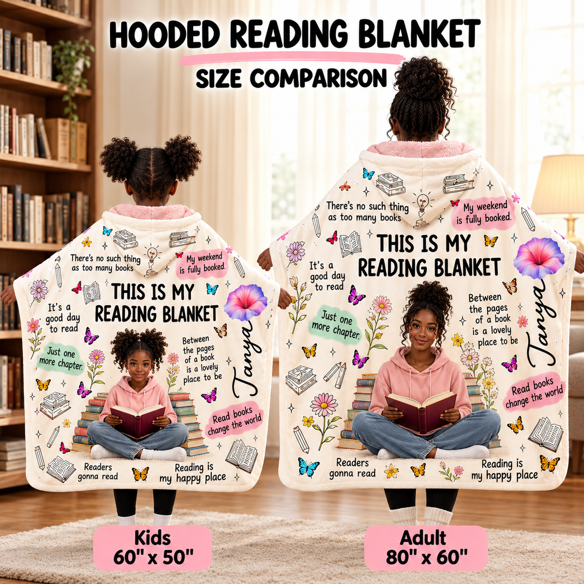 Black Girl Book Lover Personalized Reading Hooded Blanket
