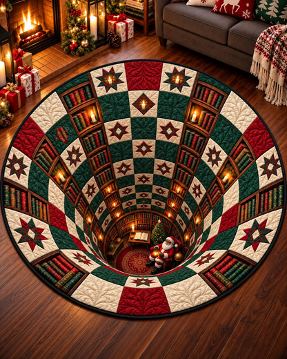 African American Santa Magic Library Christmas Quilted Round Mat