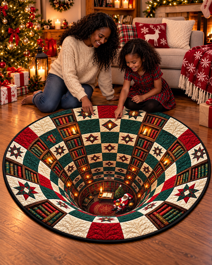 African American Santa Magic Library Christmas Quilted Round Mat