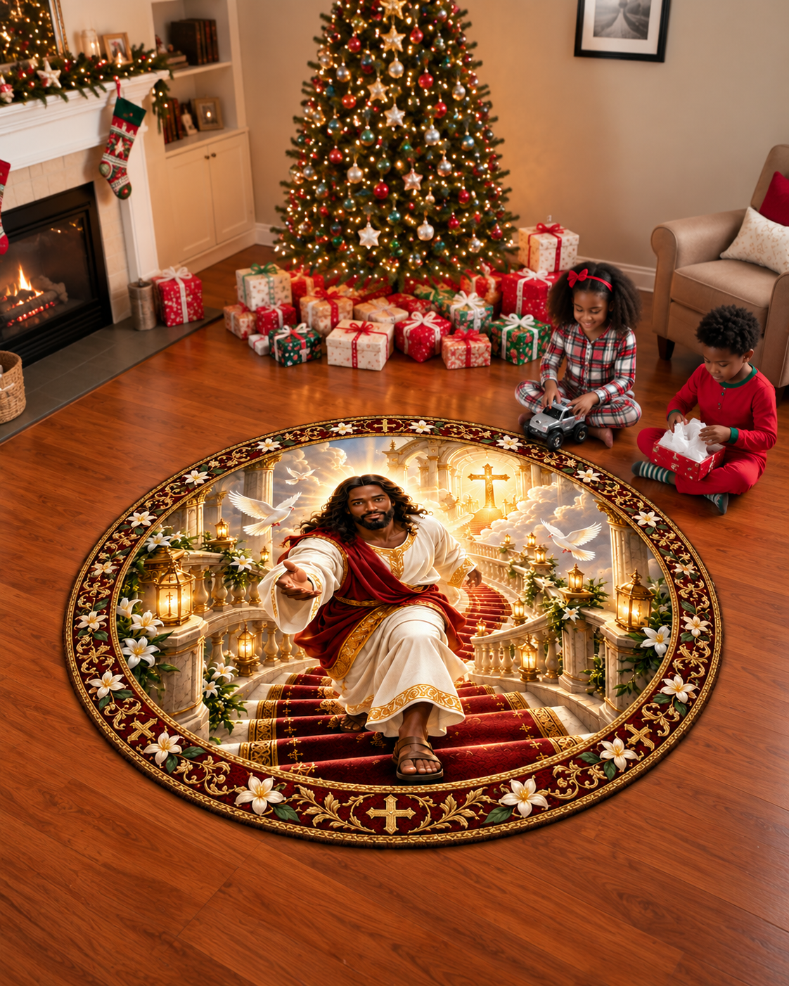 Black Jesus Stairway to Heaven 3D Round Mat – Christian Faith Decor