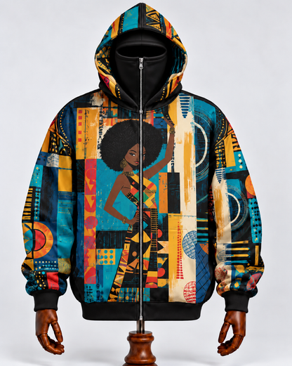 African American Black Queens Cultural Heritage Mask Zip Hoodie