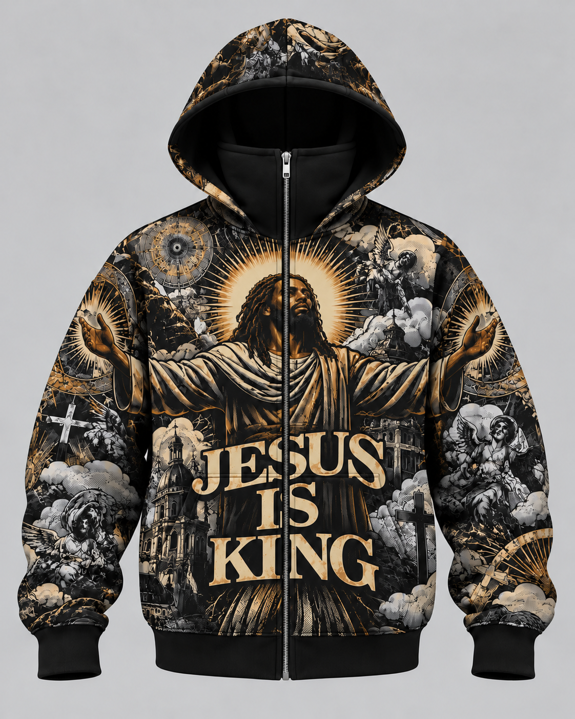 Black Jesus Christ Christian Faith Mask Zip Up Hoodie
