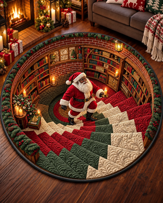 Black Santa Christmas Library Quilted Round Mat