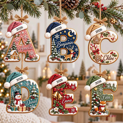 Personalized Christmas Initial Wooden Ornament with Santa Hat & Name