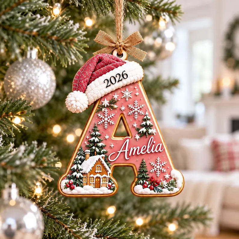 Personalized Christmas Initial Wooden Ornament with Santa Hat & Name