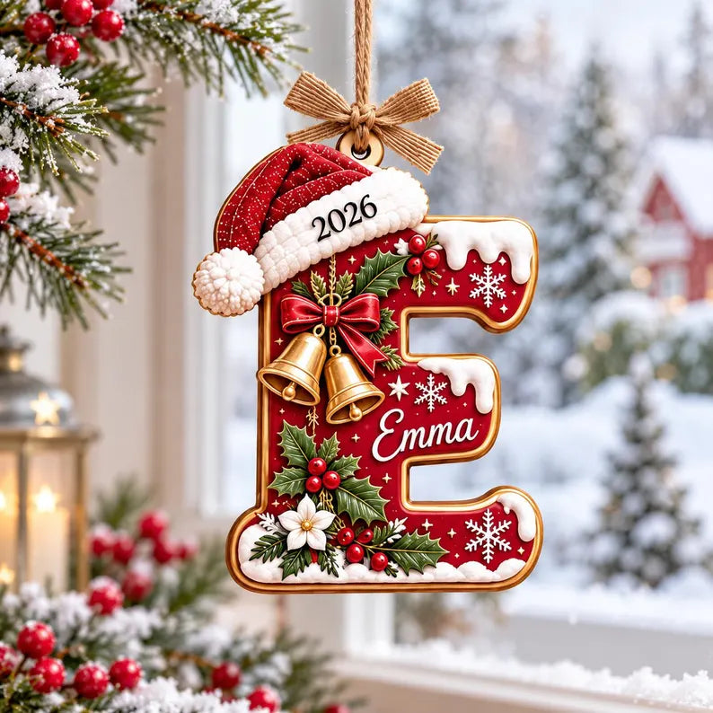 Personalized Christmas Initial Wooden Ornament with Santa Hat & Name