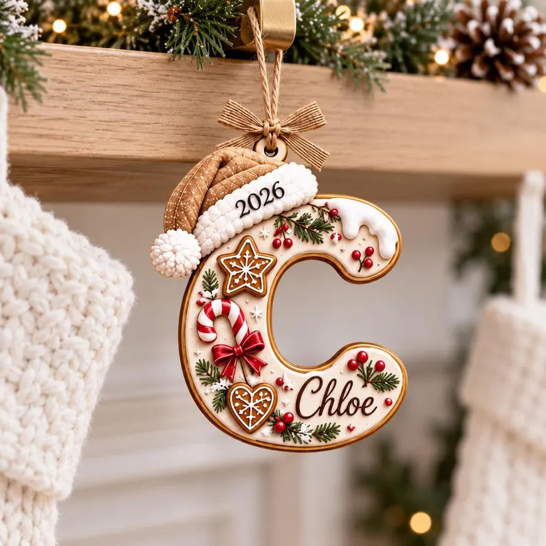 Personalized Christmas Initial Wooden Ornament with Santa Hat & Name