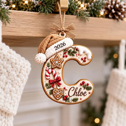 Personalized Christmas Initial Wooden Ornament with Santa Hat & Name