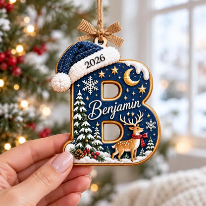 Personalized Christmas Initial Wooden Ornament with Santa Hat & Name