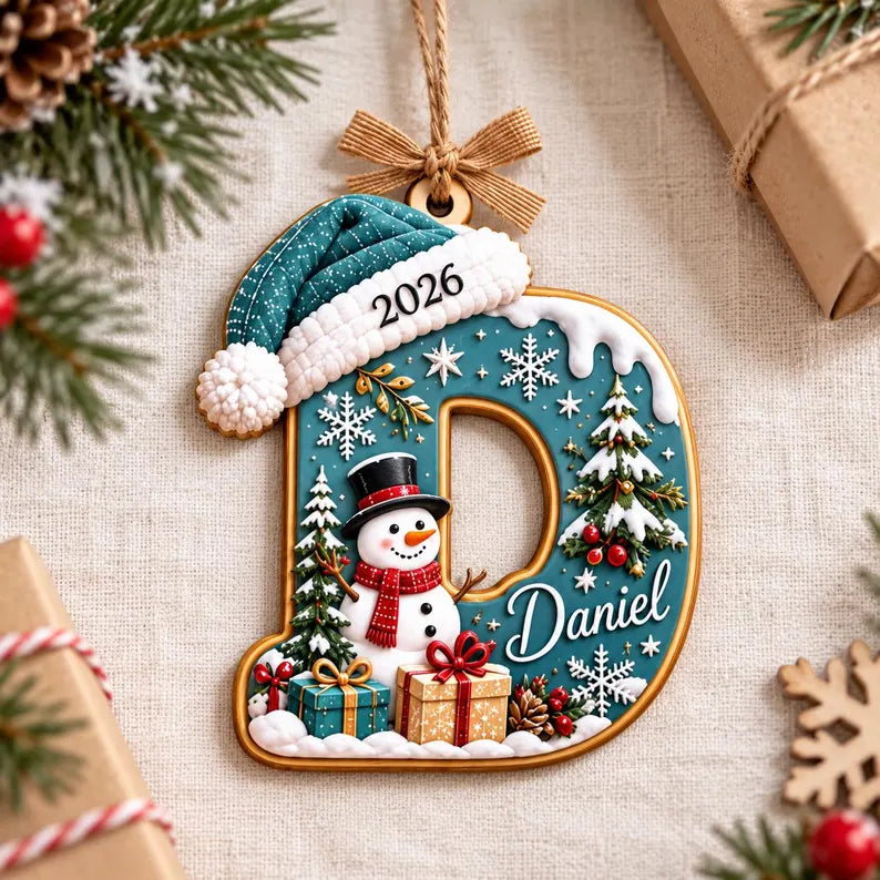 Personalized Christmas Initial Wooden Ornament with Santa Hat & Name