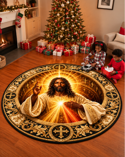 Black Jesus Divine Mercy 3D Round Mat – Christian Faith Home Decor