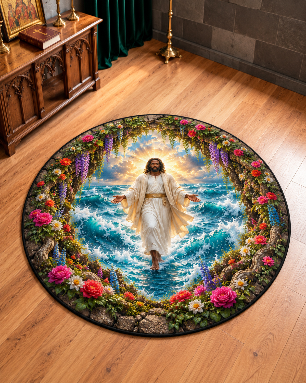 Black Jesus Walking on Water 3D Round Mat – Christian Faith Decor