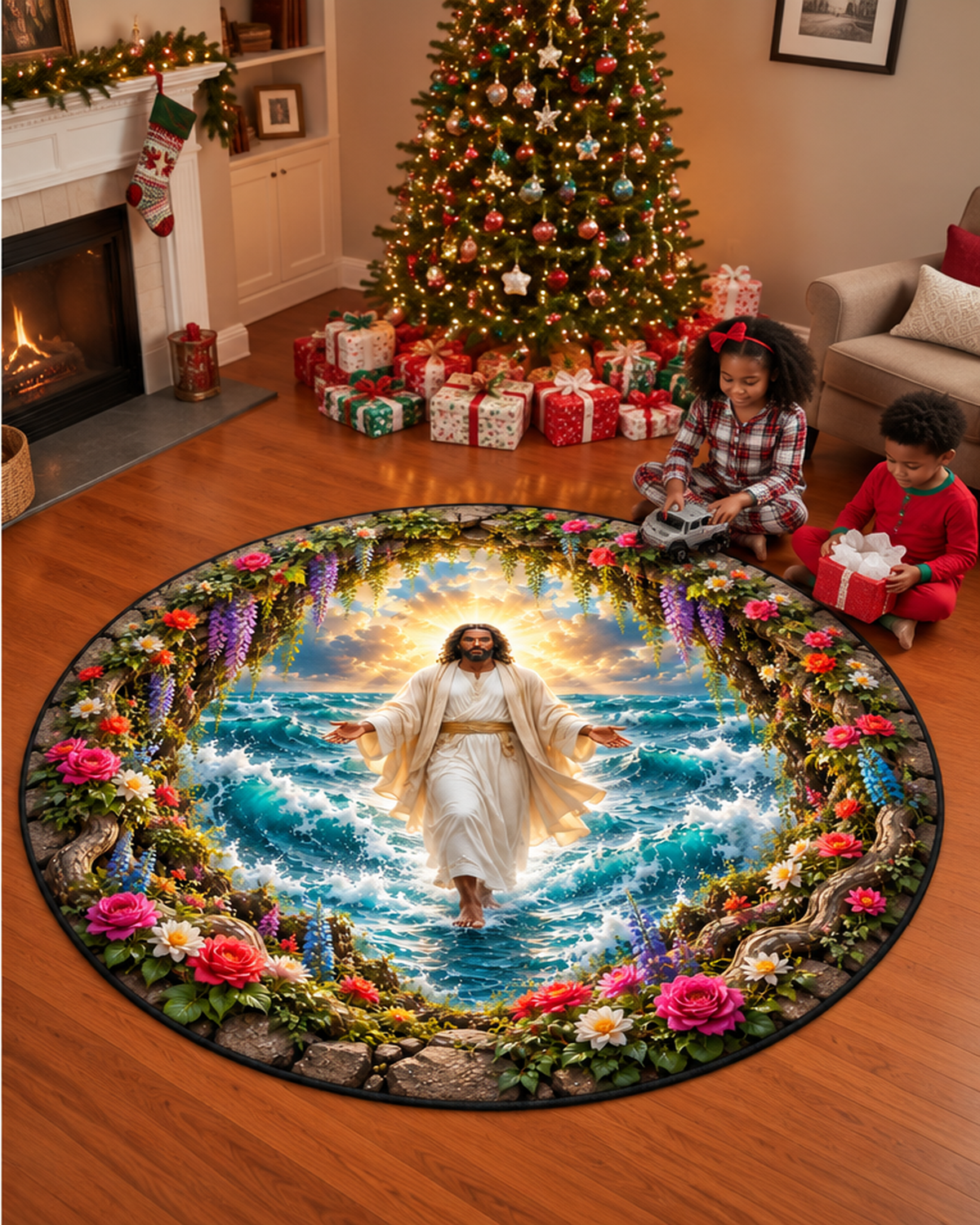 Black Jesus Walking on Water 3D Round Mat – Christian Faith Decor