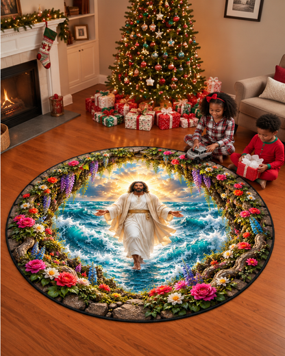 Black Jesus Walking on Water 3D Round Mat – Christian Faith Decor