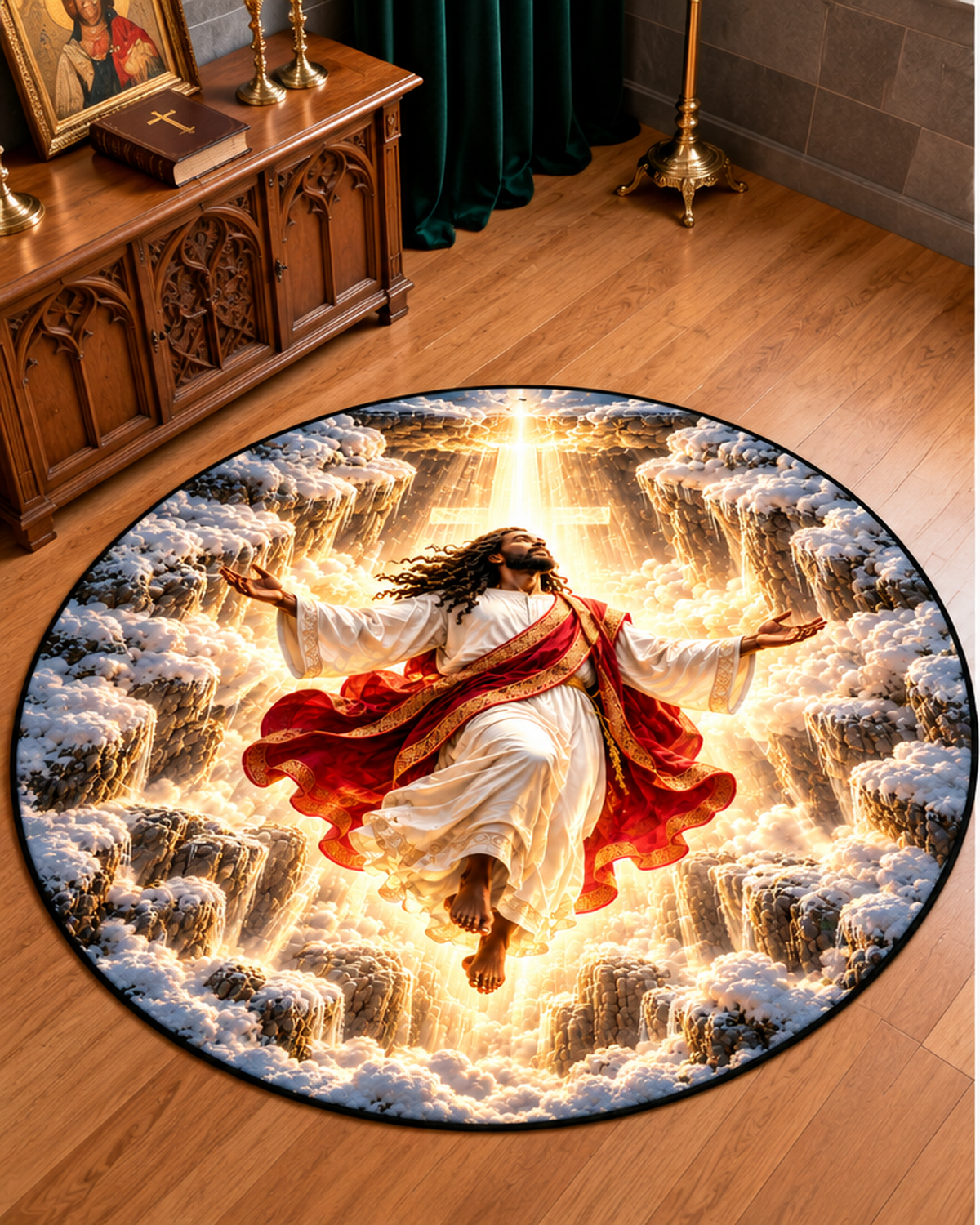 Black Jesus Divine Ascension 3D Round Mat – Christian Home Decor