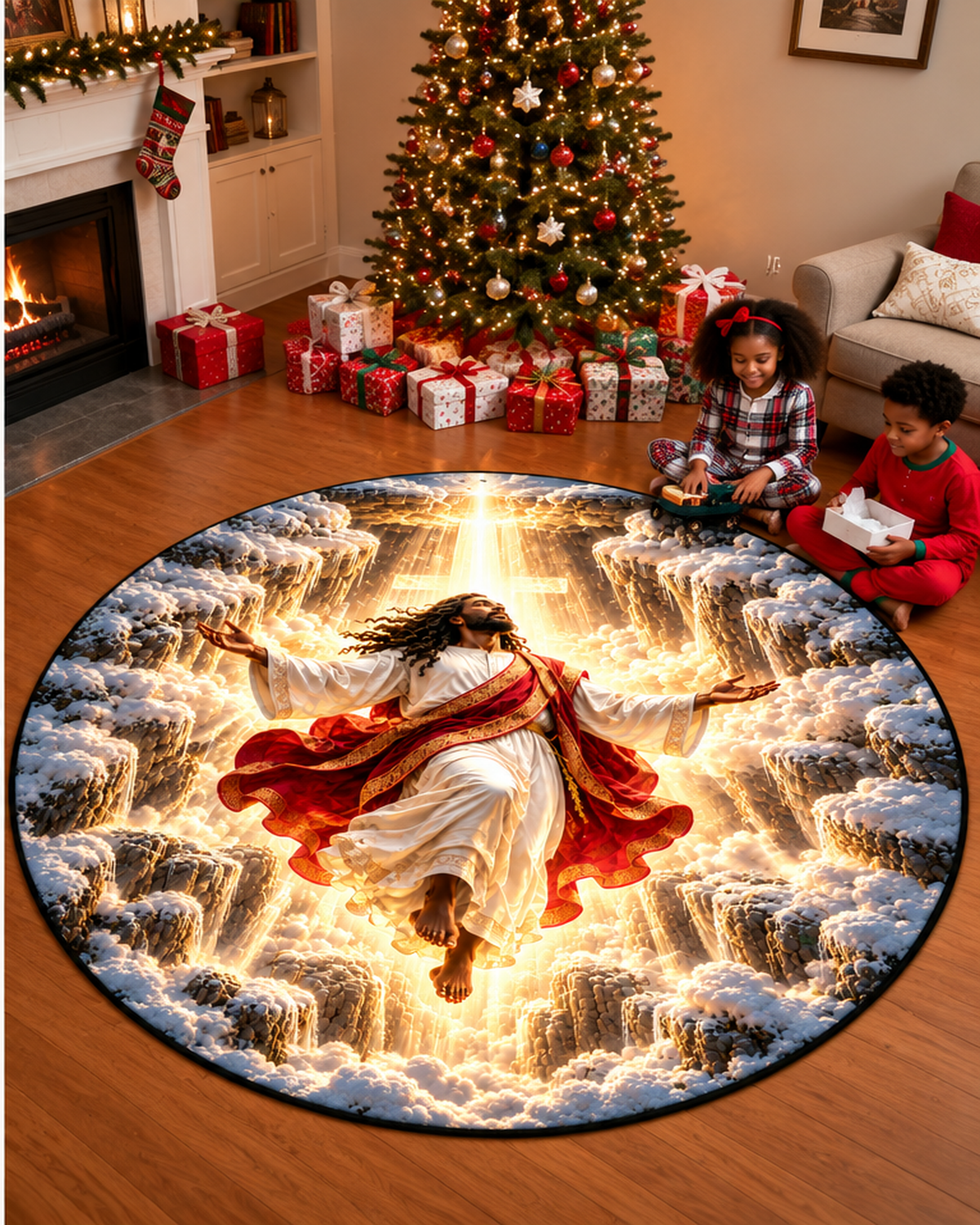Black Jesus Divine Ascension 3D Round Mat – Christian Home Decor