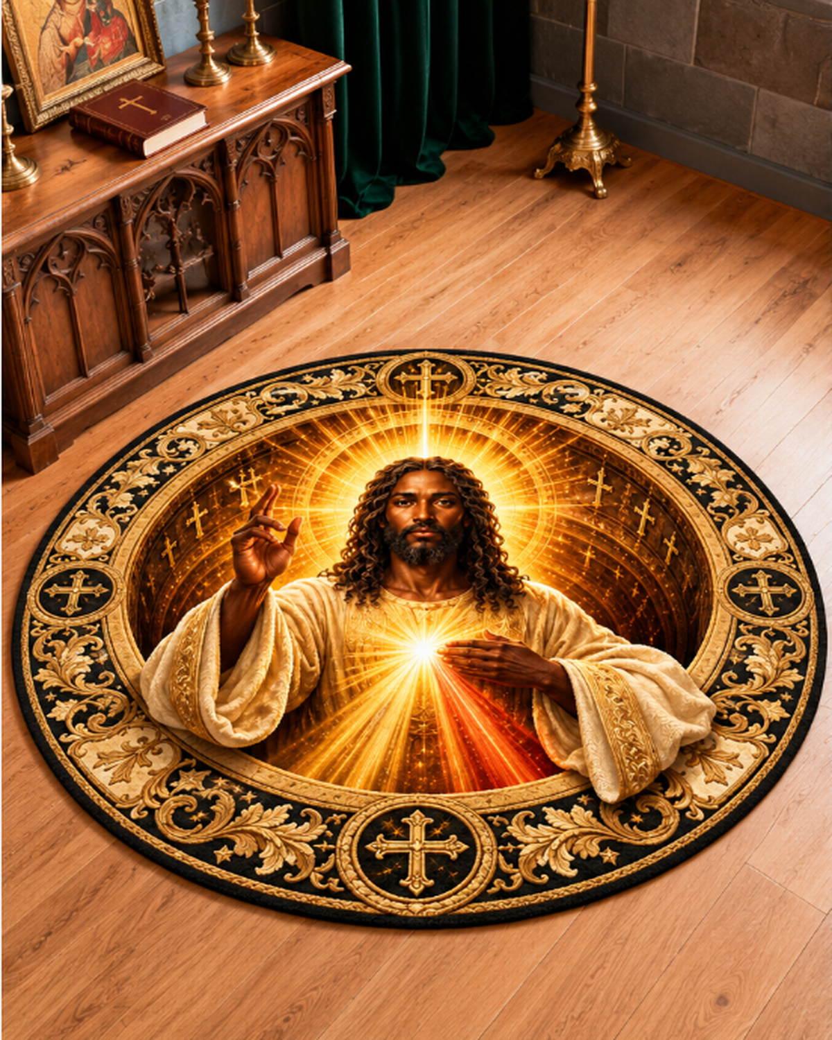 Black Jesus Divine Mercy 3D Round Mat – Christian Faith Home Decor