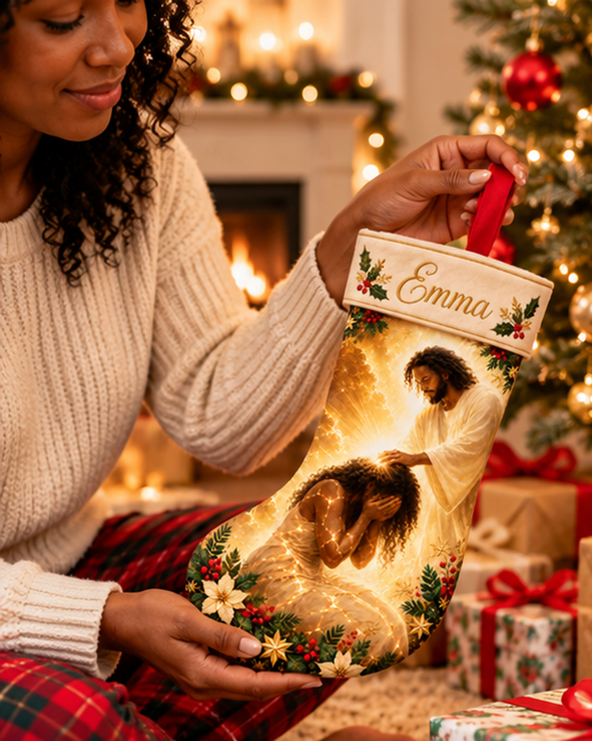 Personalized Black Jesus Blessing Christmas Stocking – Faith Gift